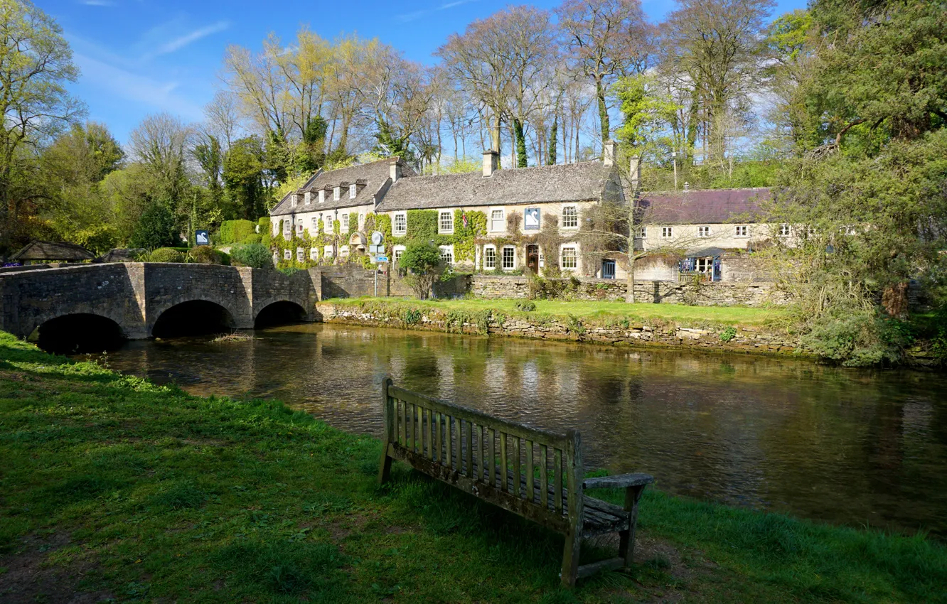 Photo wallpaper bench, bridge, the city, river, England, home