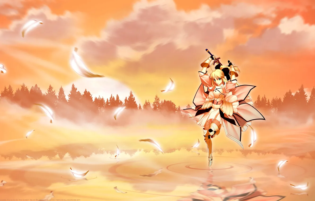 Photo wallpaper forest, girl, sunset, sword, anime
