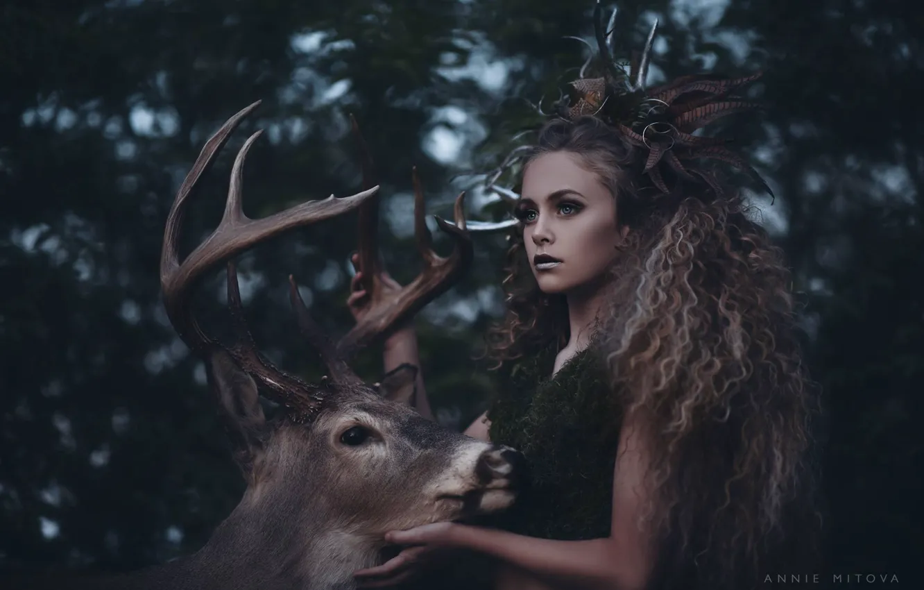 Photo wallpaper girl, deer, horns, curls, Diana, Annie Mitova