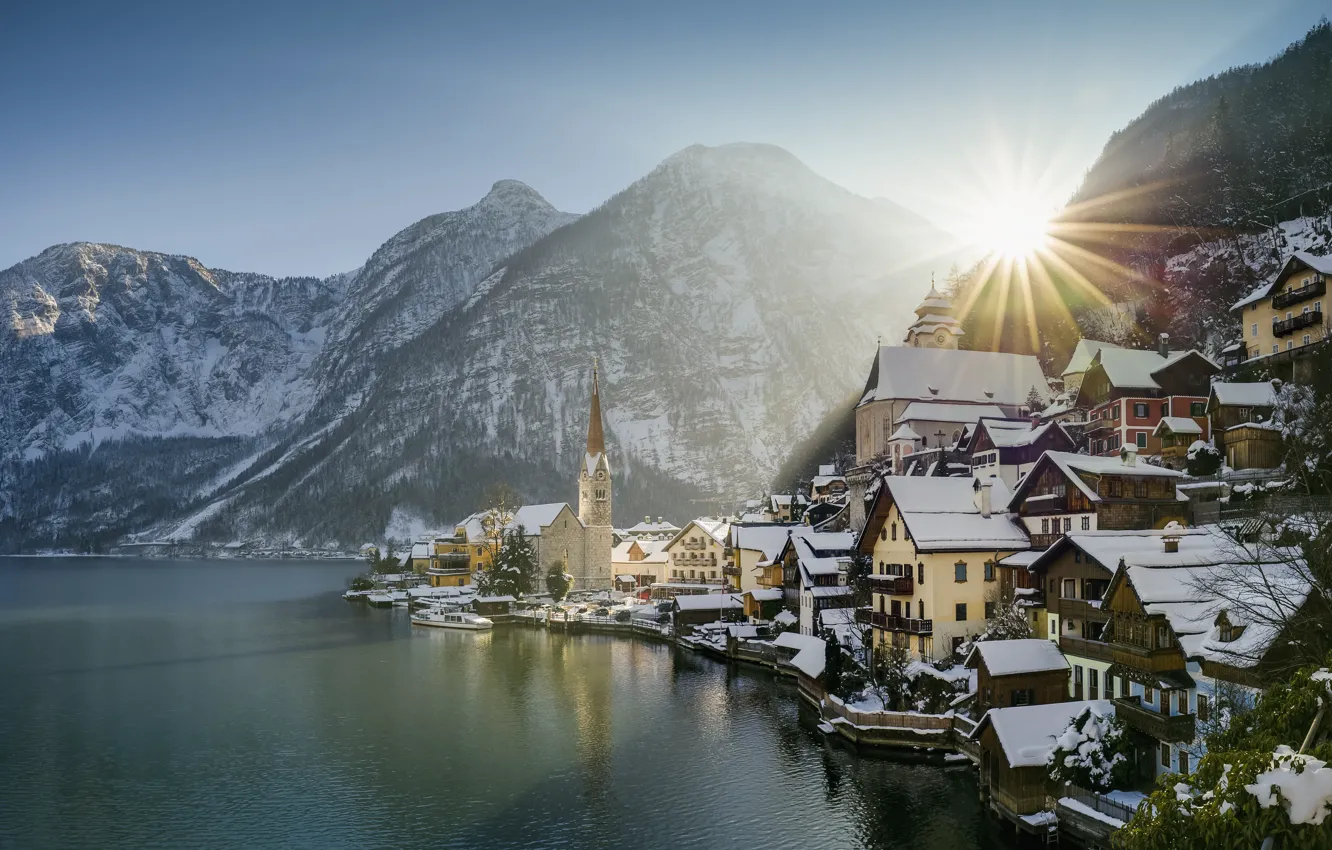 Photo wallpaper winter, the sun, rays, landscape, mountains, nature, lake, home