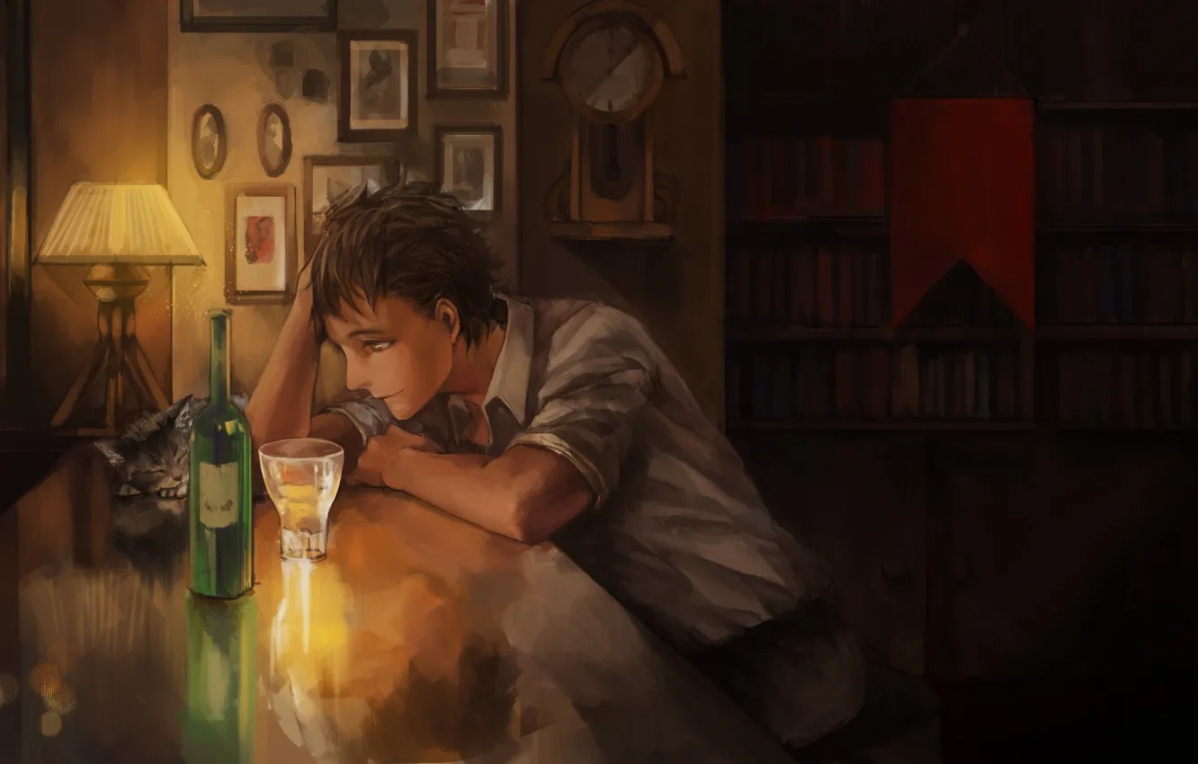 Photo wallpaper cat, light, night, watch, bottle, lamp, shadow, alcohol