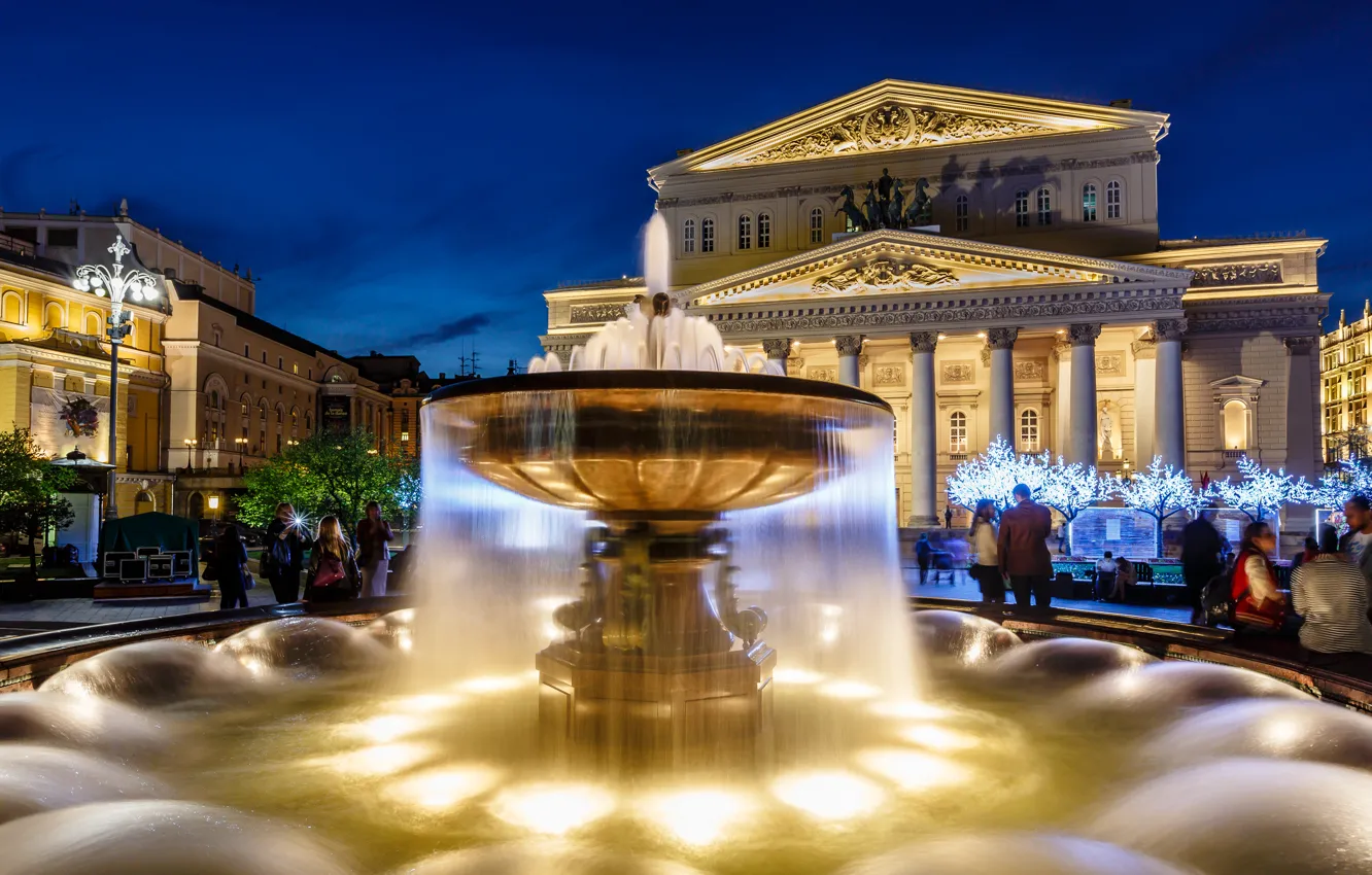 Photo wallpaper Moscow, fountain, Russia, illumination, The Bolshoi theatre