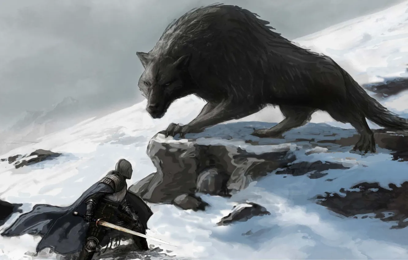 Photo wallpaper snow, wolf, sword, fantasy, knight, the fight, Dark souls