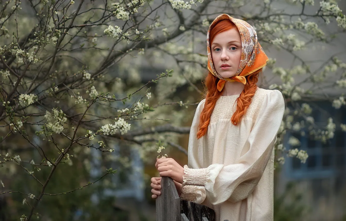 Photo wallpaper look, girl, trees, flowers, branches, face, pose, the fence