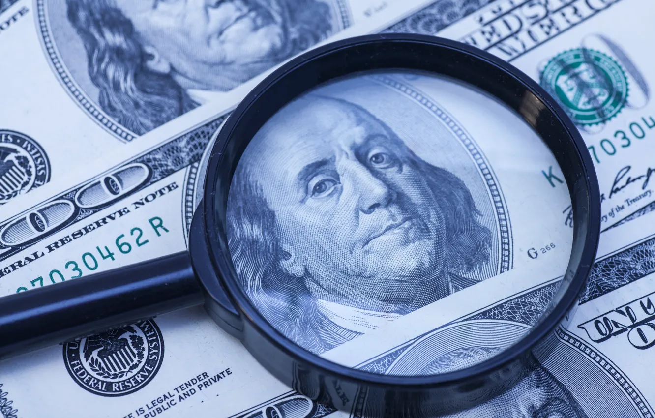 Photo wallpaper dollar, Franklin, magnifying glass