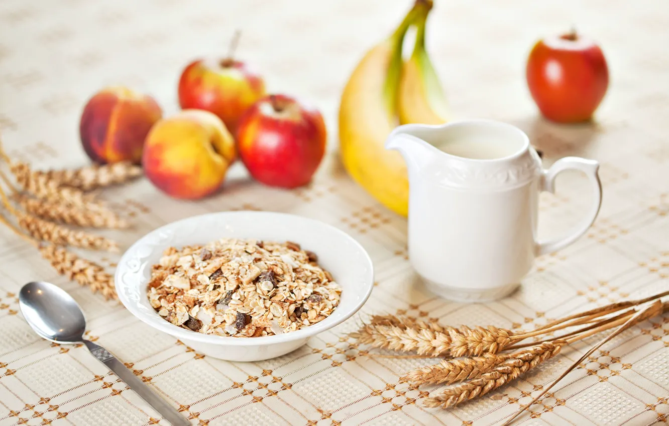 Photo wallpaper wheat, table, background, apples, plant, rye, food, Breakfast