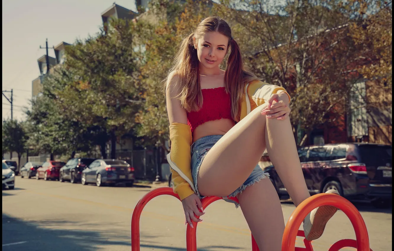 Photo wallpaper girl, shorts, pretty, cute, long-haired, tank top, ponytails