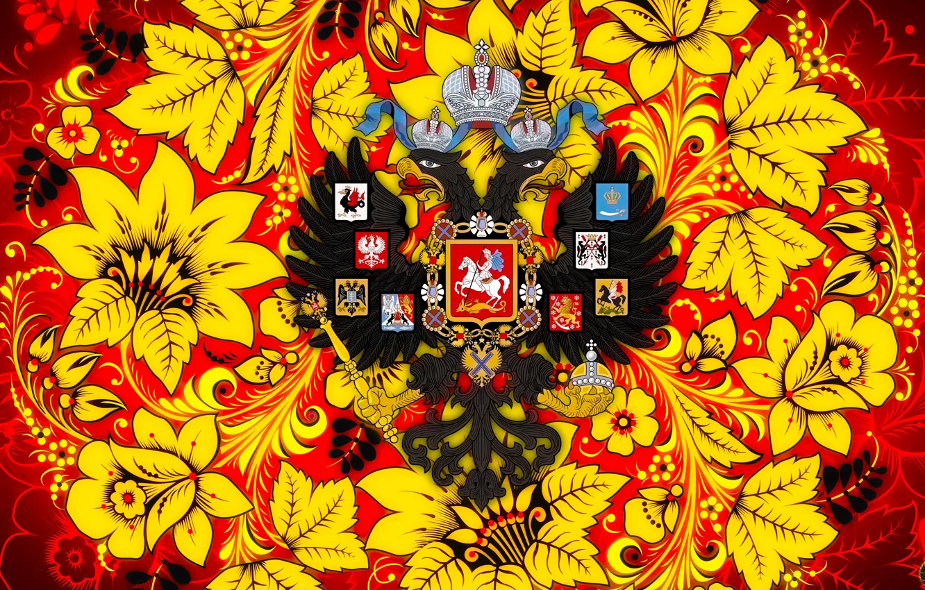 Photo wallpaper Flowers, Style, Eagle, Background, Russia, Painting, Art, Khokhloma