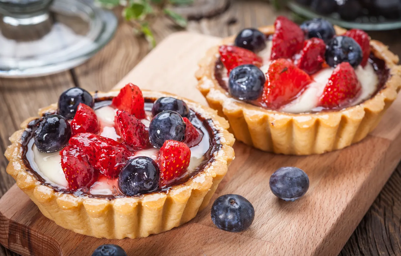 Photo wallpaper berries, blueberries, strawberry, basket, dessert, sweet, sweet, cream