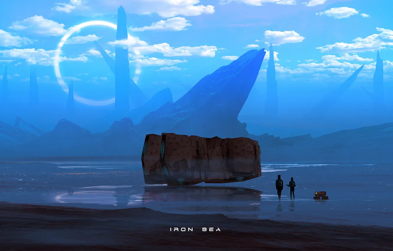 Photo wallpaper sea, the sky, clouds, fiction, rocks, ship, robot, traveler
