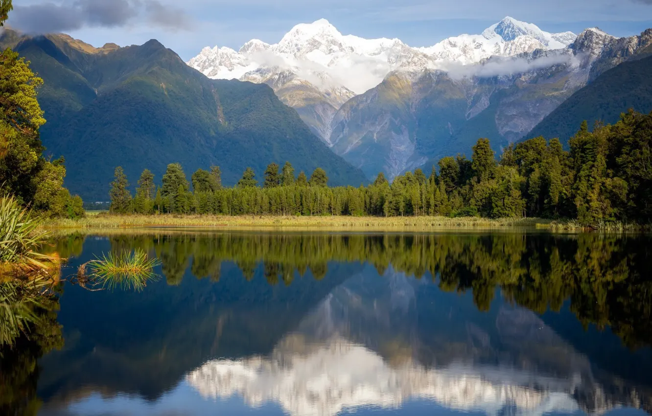 Photo wallpaper New Zealand, New Zealand, national Park, reserve, Westland Tai Poutini National Park, Matheson Lake reflecting …