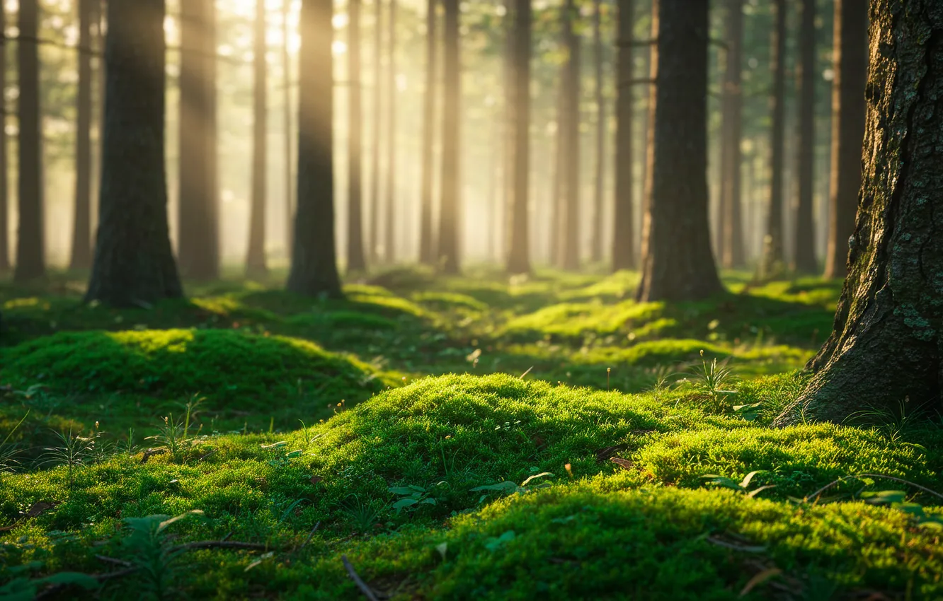 Photo wallpaper forest, the sun, Wallpaper, glade, moss, wallpaper, forest, sun