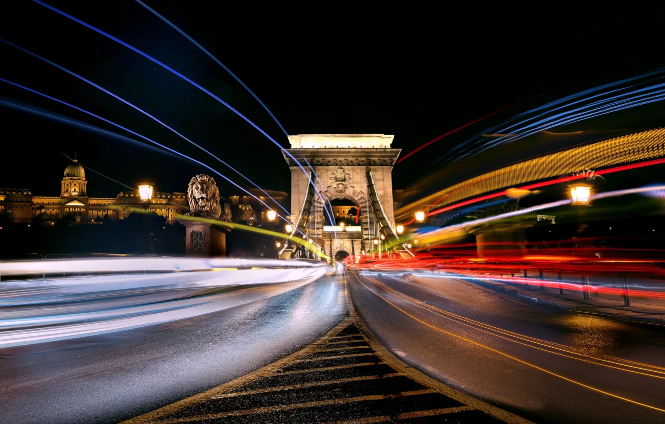 Photo wallpaper Hungary, Budapest, light trails, Chain Bridge, Night Traffic