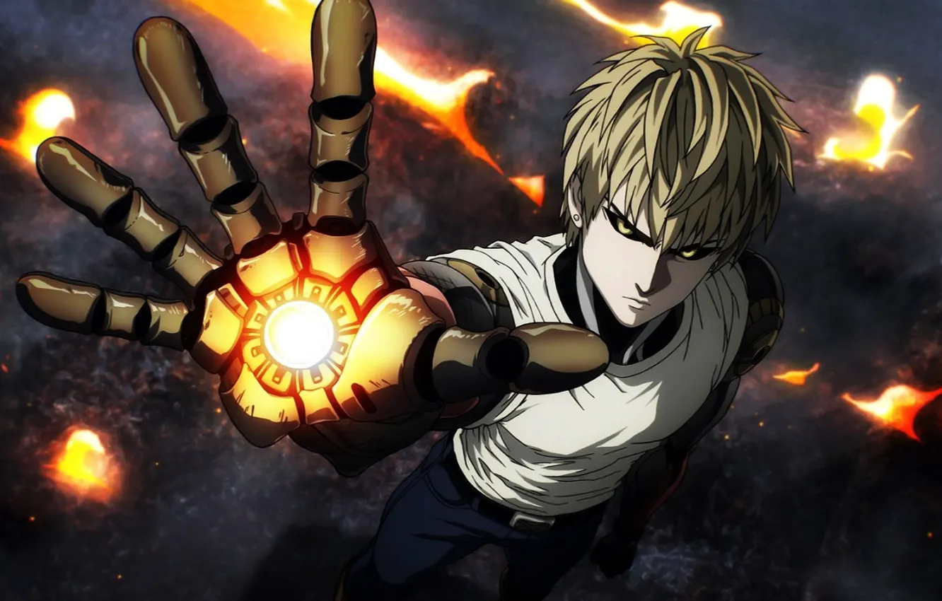 Photo wallpaper fire, flame, game, fighter, war, anime, short hair, Laser