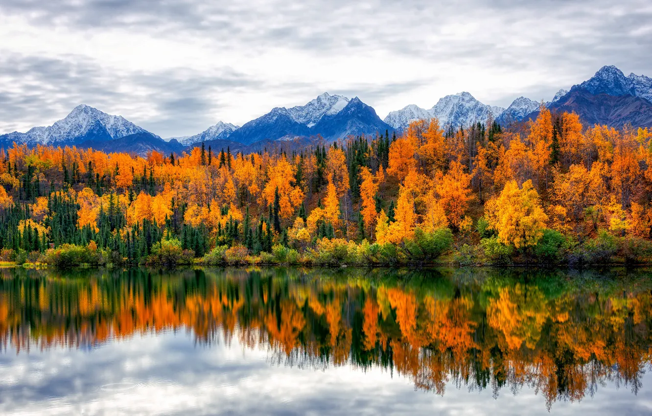 Photo wallpaper autumn, forest, clouds, trees, mountains, lake, reflection, shore
