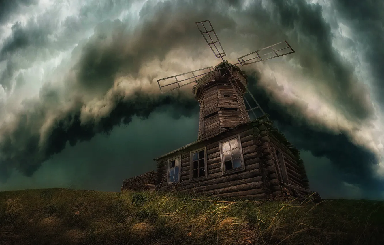 Photo wallpaper the storm, grass, clouds, mill, Paul Sahaidak