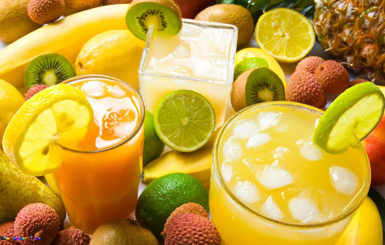 Photo wallpaper lemon, kiwi, juice, lime, drink, fruit, cuts, lychee
