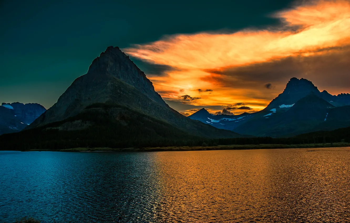 Photo wallpaper mountains, lake, Park, sunrise, morning, Montana, sunrise, Glacier National Park