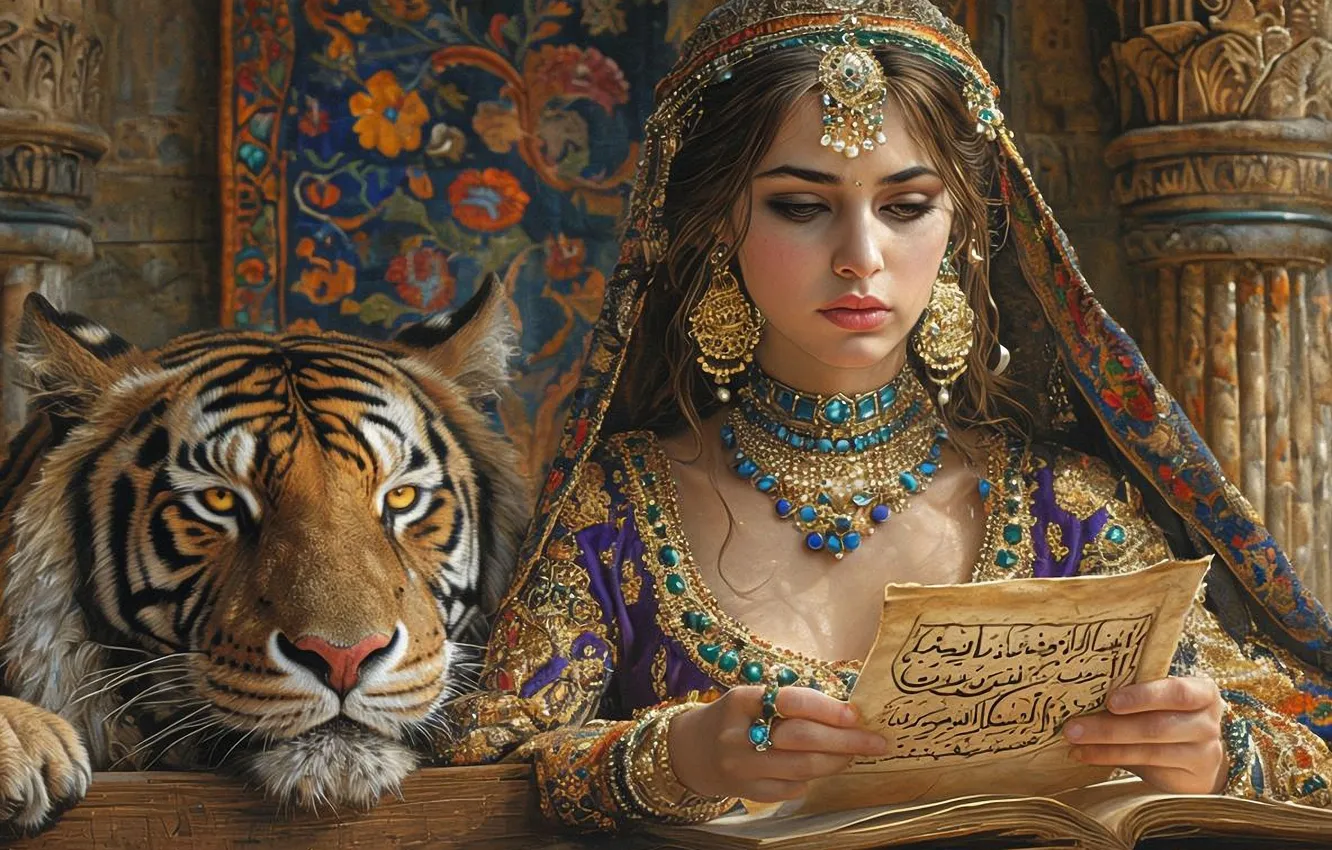 Photo wallpaper tiger, carpet, East, decoration, the Arabs, fantasy art, oriental woman