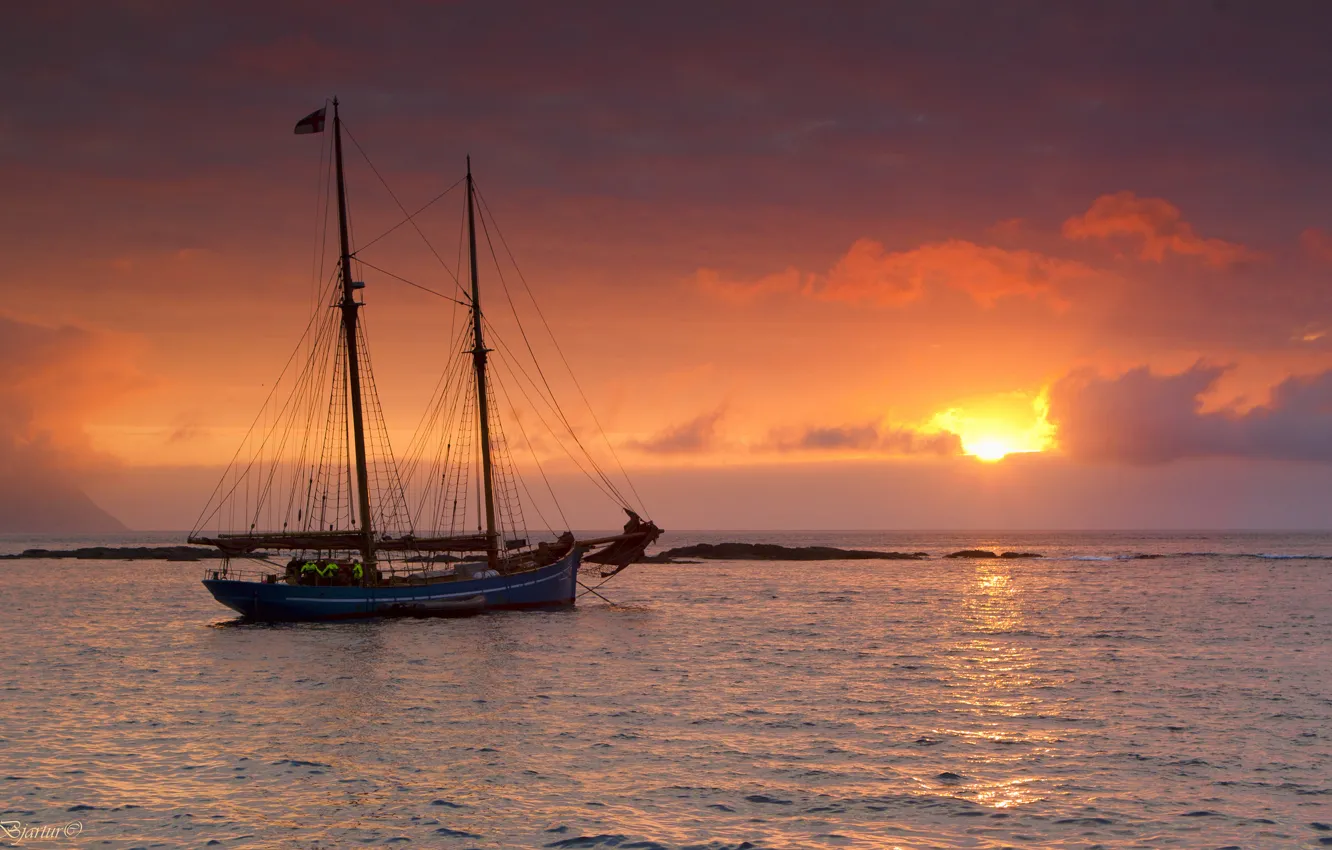 Photo wallpaper sea, sunset, yacht