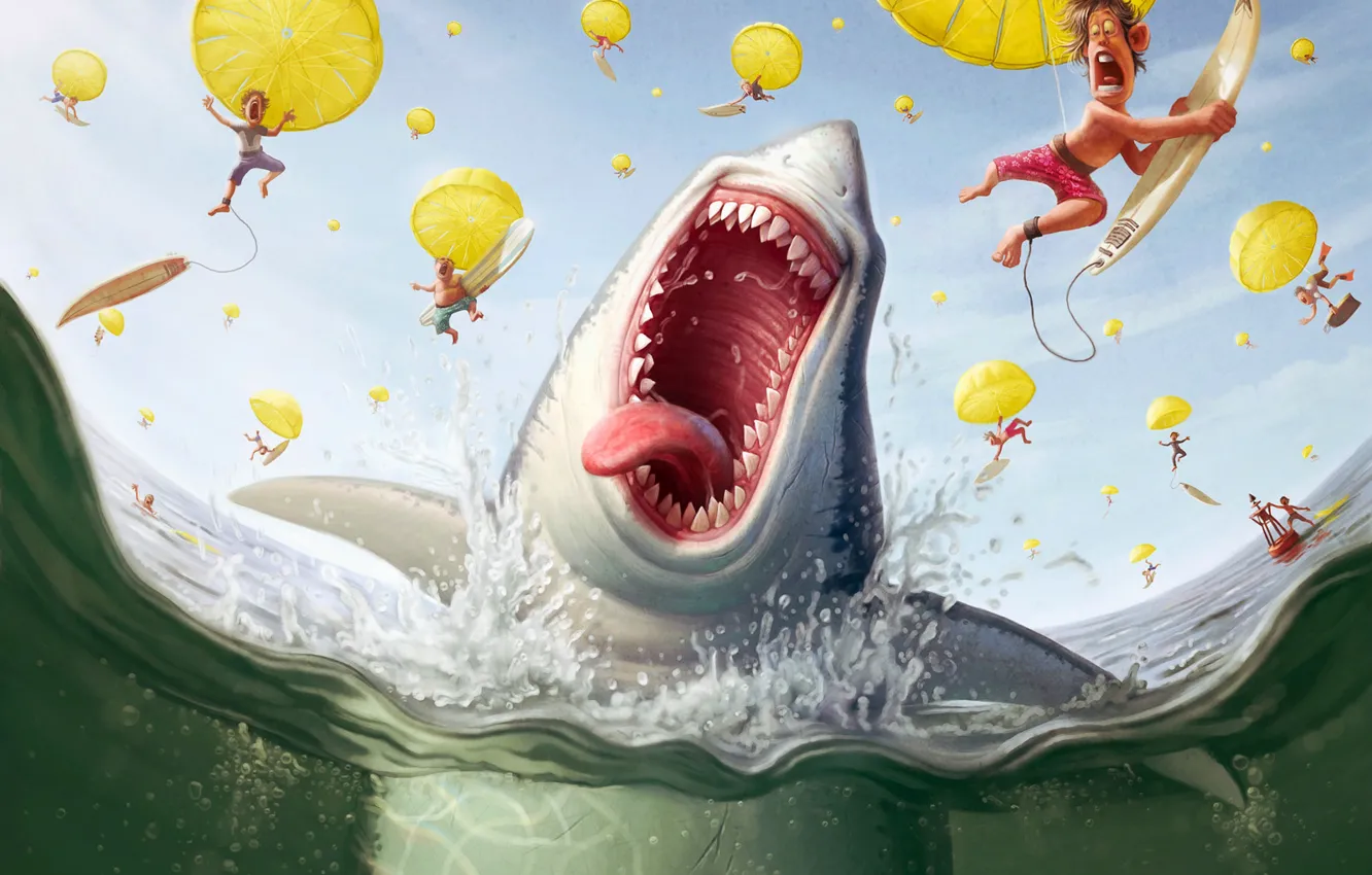 Photo wallpaper people, shark, parachute