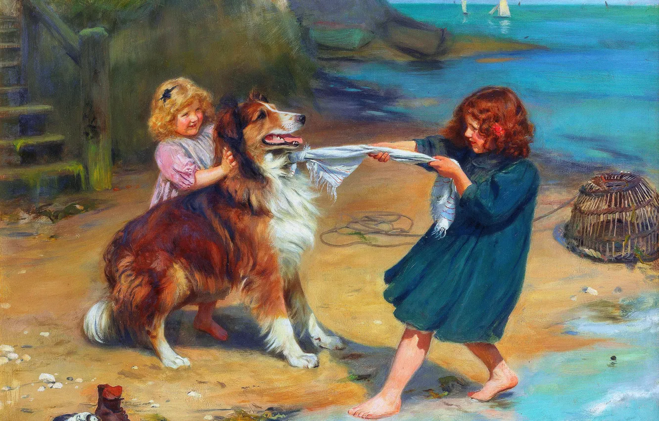 Photo wallpaper sea, children, dog, picture, girl, British, English artist, Wont You Try