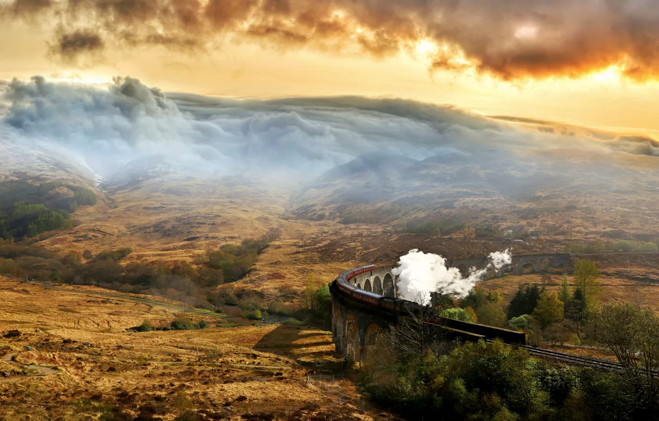 Photo wallpaper sky, landscape, smoke, mountains, clouds, train, beautiful landscape