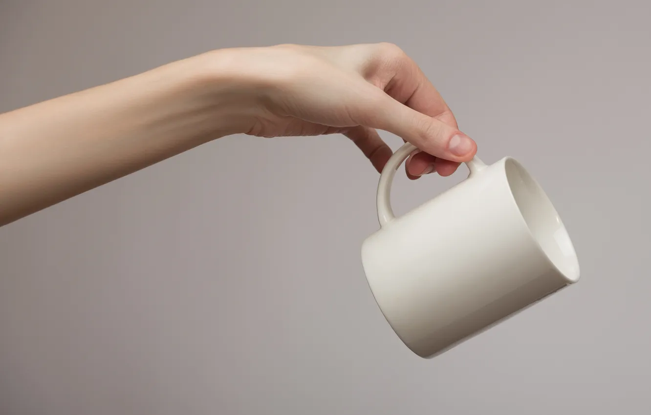 Photo wallpaper woman, background, cup, hand, empty, gray, mug, hold