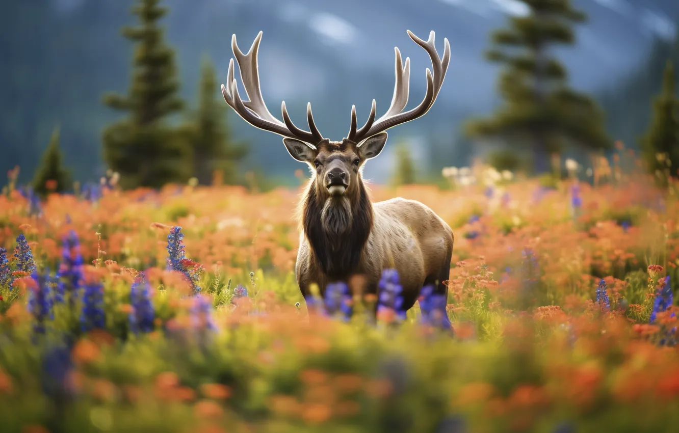 Photo wallpaper field, forest, flowers, nature, deer, AI art, neural network
