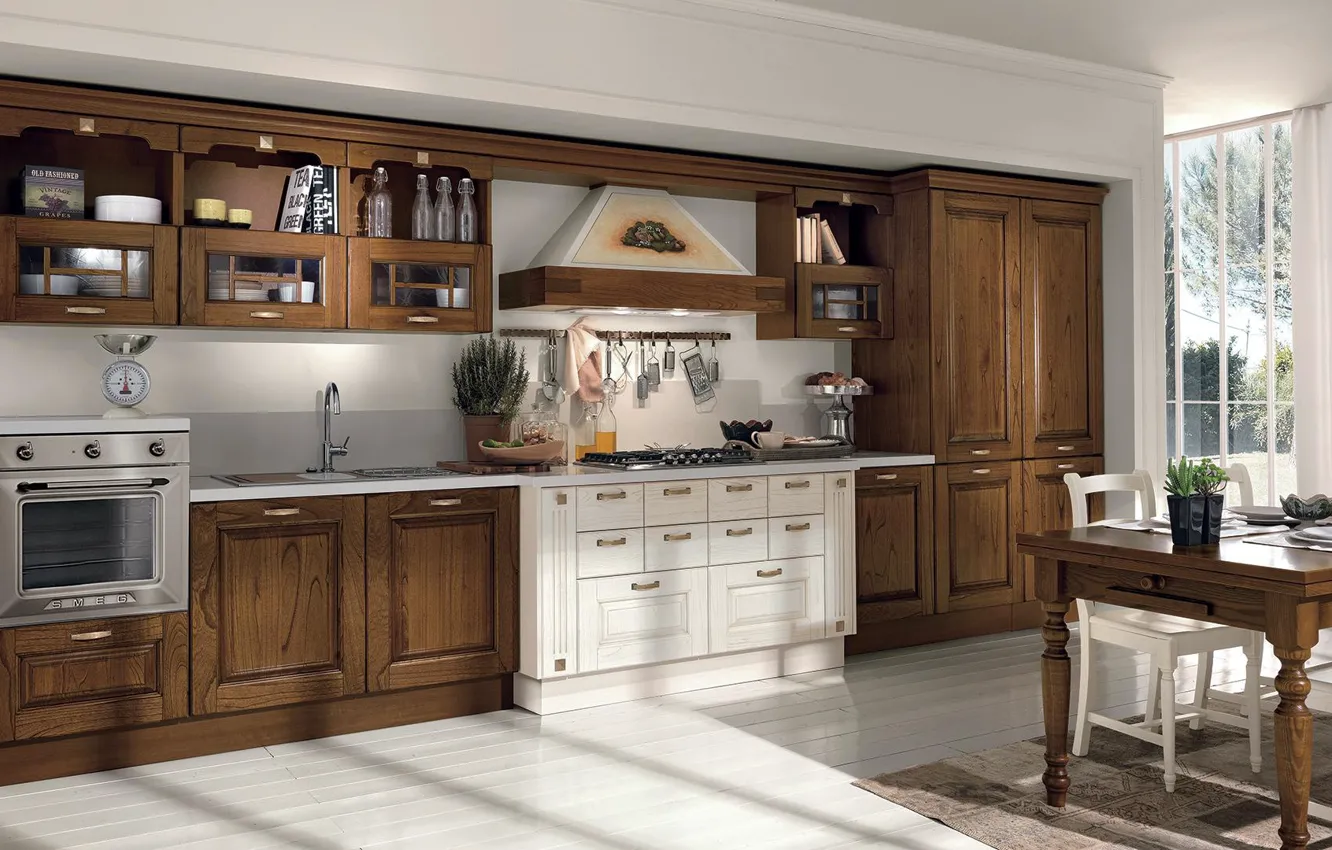 Photo wallpaper style, interior, kitchen, dining room, Italian design, Cucina Leeka