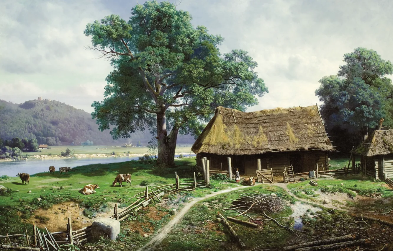 Photo wallpaper landscape, river, picture, rural house, Mikhail Klodt, View of the estate, Sagital near Riga
