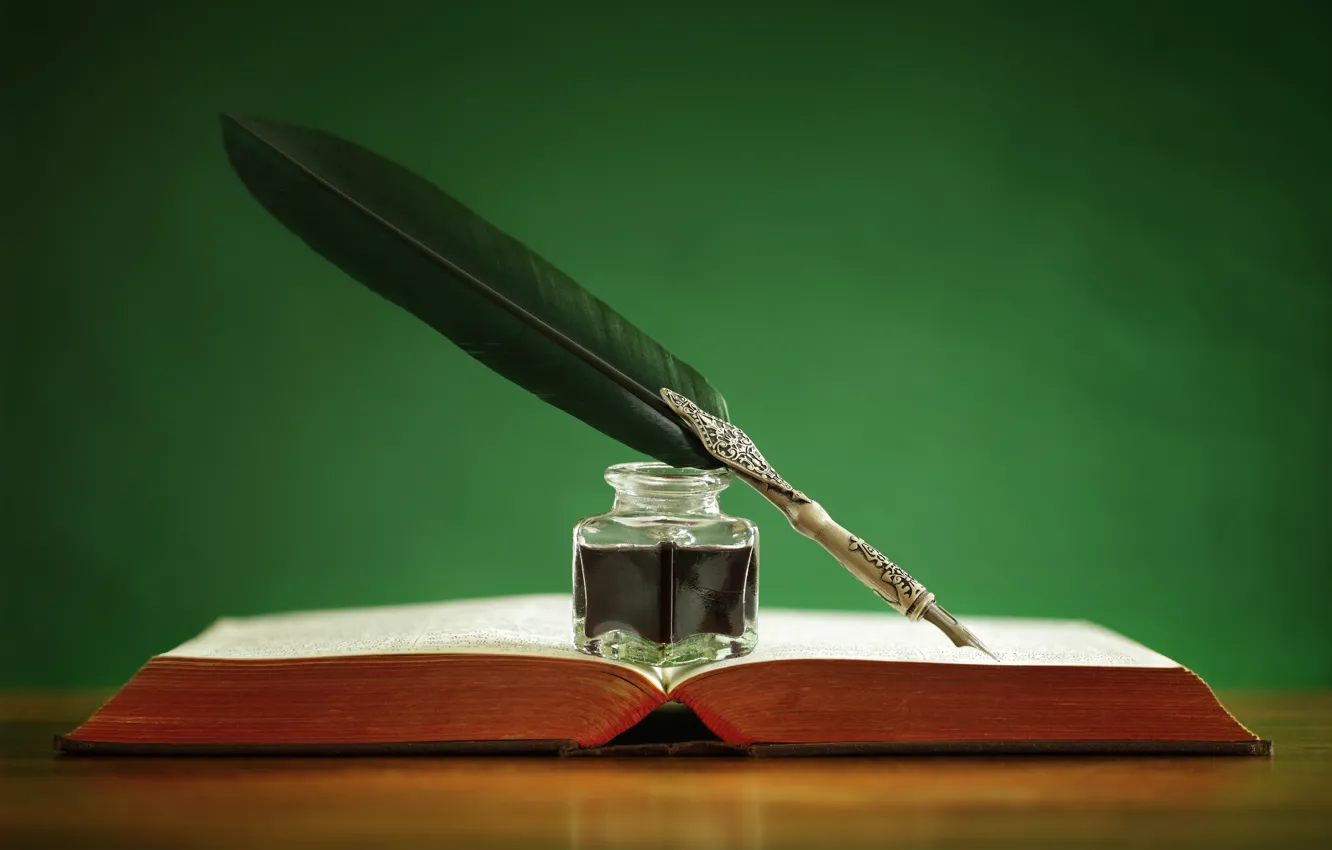 Photo wallpaper feathers, book, ink