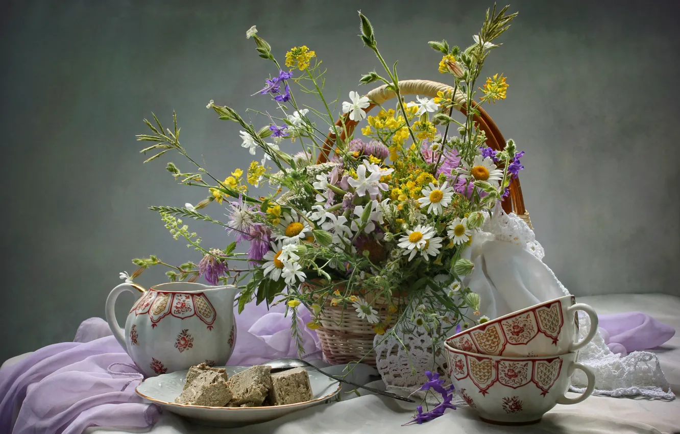 Photo wallpaper summer, chamomile, bouquet, Cup, dishes, still life, wildflowers, halva