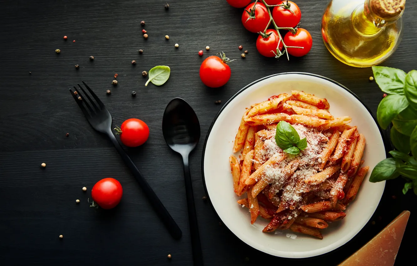 Photo wallpaper plate, tomatoes, pasta