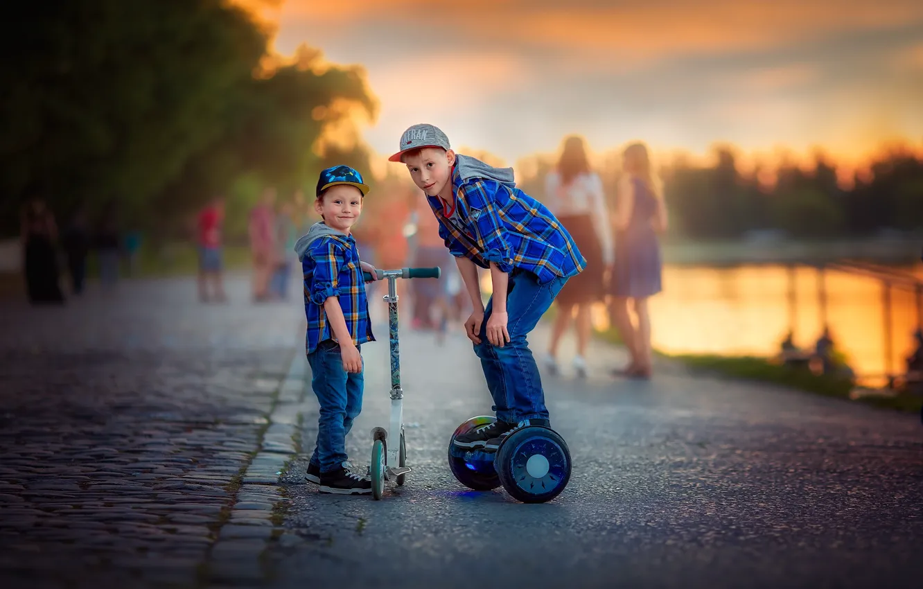 Photo wallpaper nature, boy, scooter