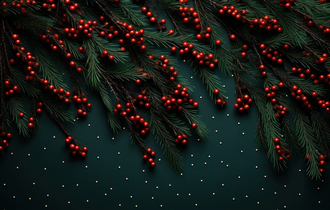 Photo wallpaper branches, red, berries, sprig, new year, texture, point, fruit