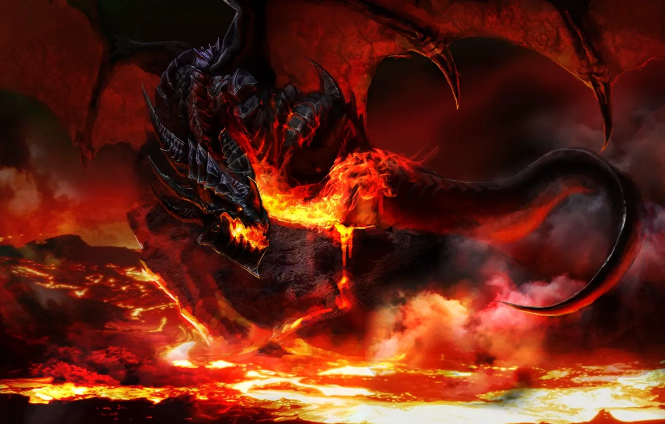 Photo wallpaper night, fire, flame, dragon, wings, monster, sparks, fire
