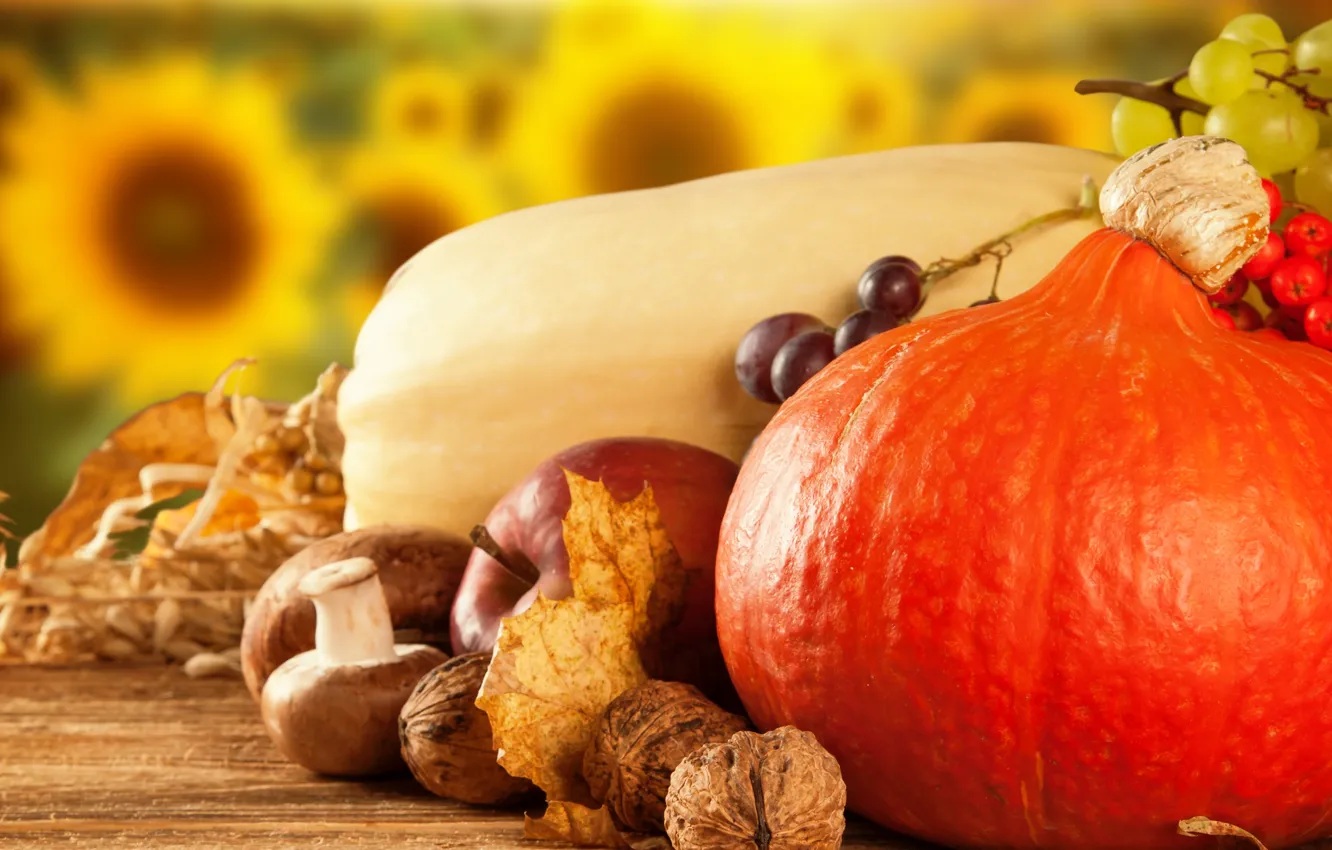 Photo wallpaper apples, mushrooms, pumpkin, fruit, vegetables, dry leaves, Kalina