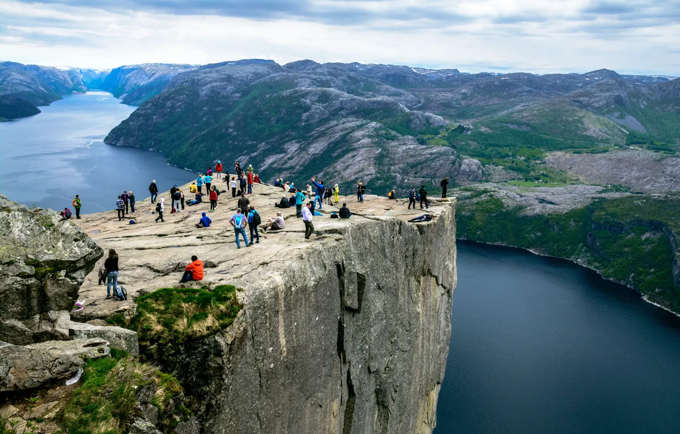 Photo wallpaper The sky, Nature, Rock, People, Norway, Height, Landscape, The fjord