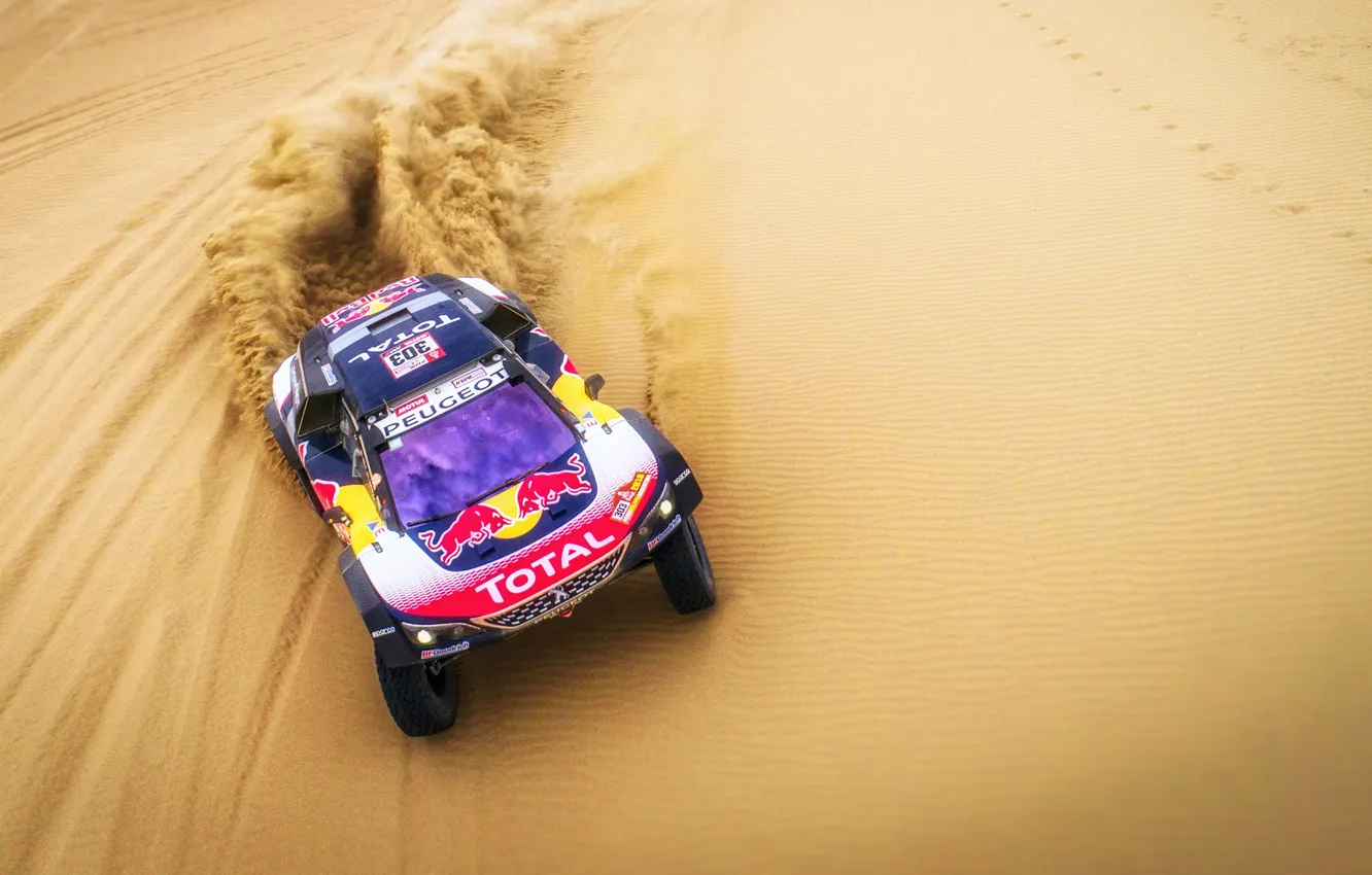 Photo wallpaper Sand, Auto, Sport, Speed, Race, Peugeot, Red Bull, Rally