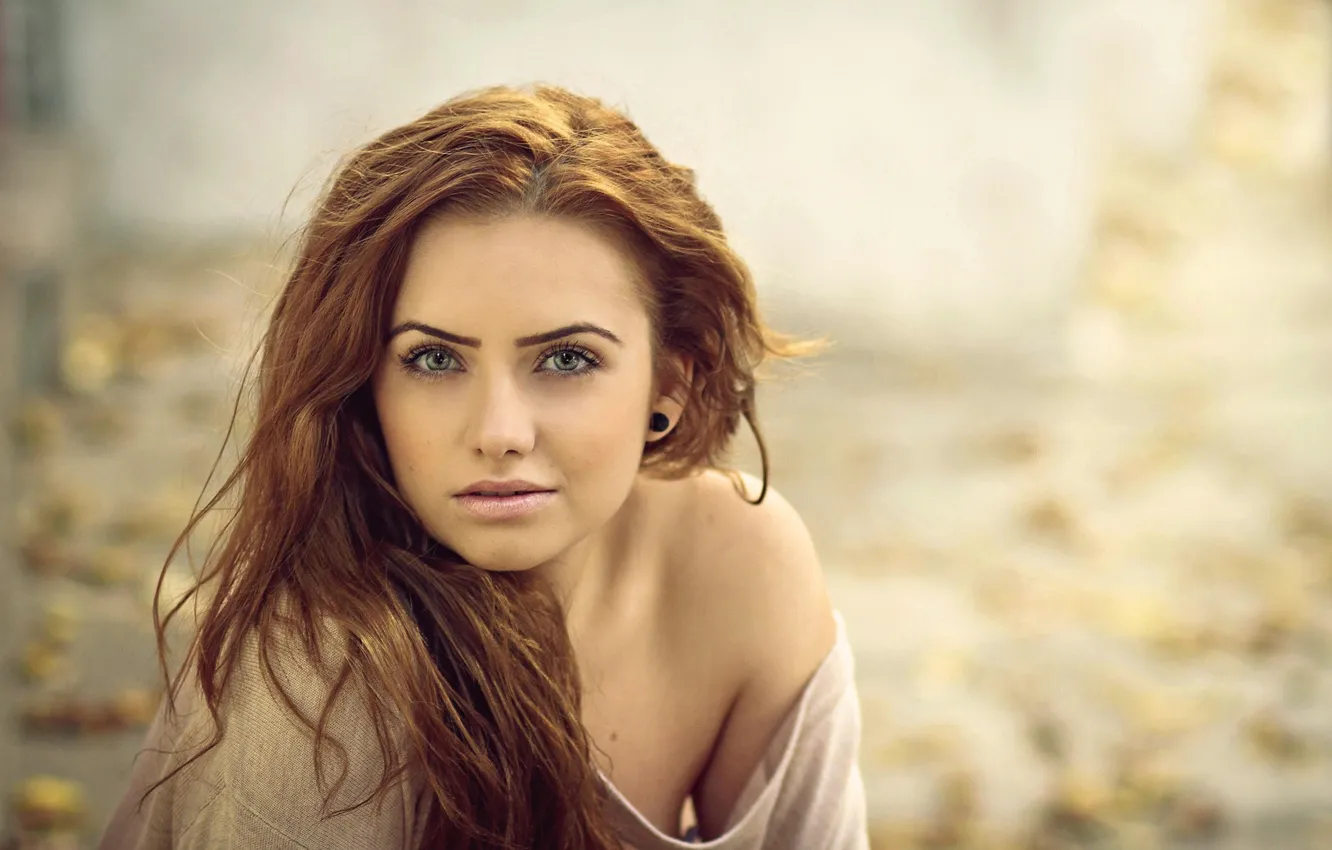 Photo wallpaper look, portrait, redhead, bokeh, green-eyed