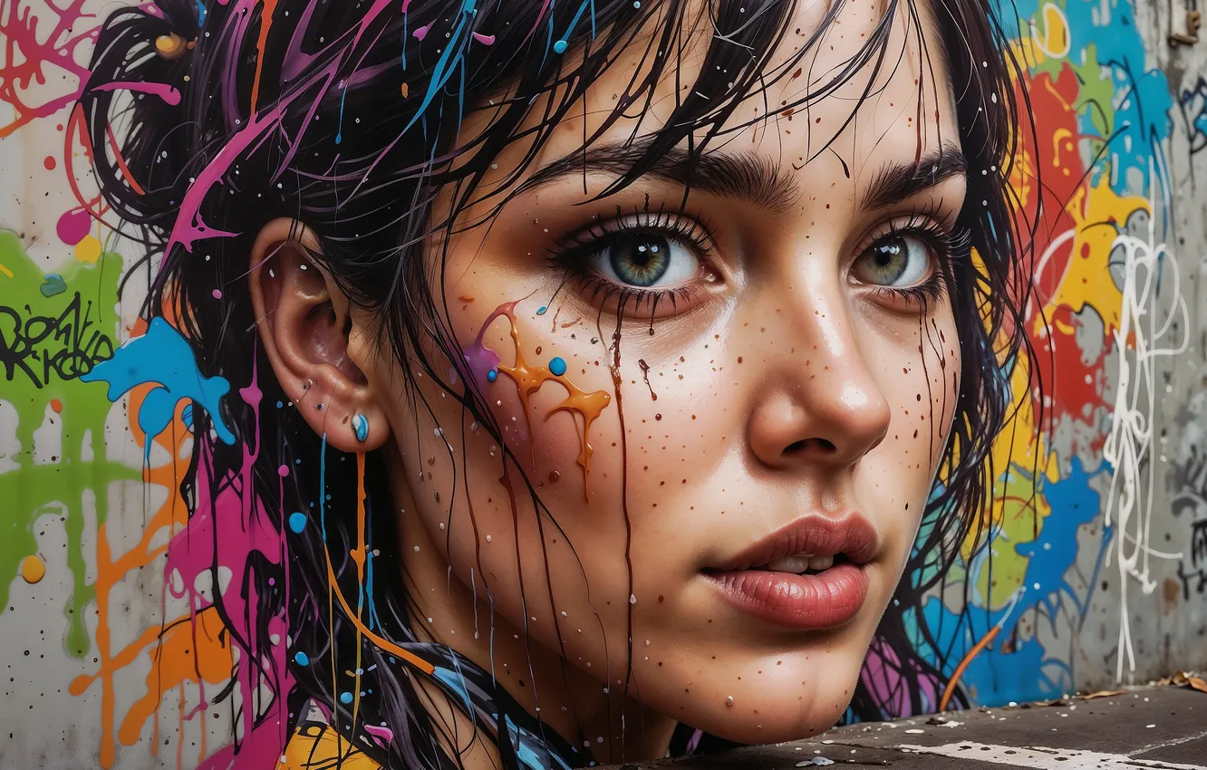 Photo wallpaper eyes, look, girl, wall, graffiti, figure, portrait, the situation