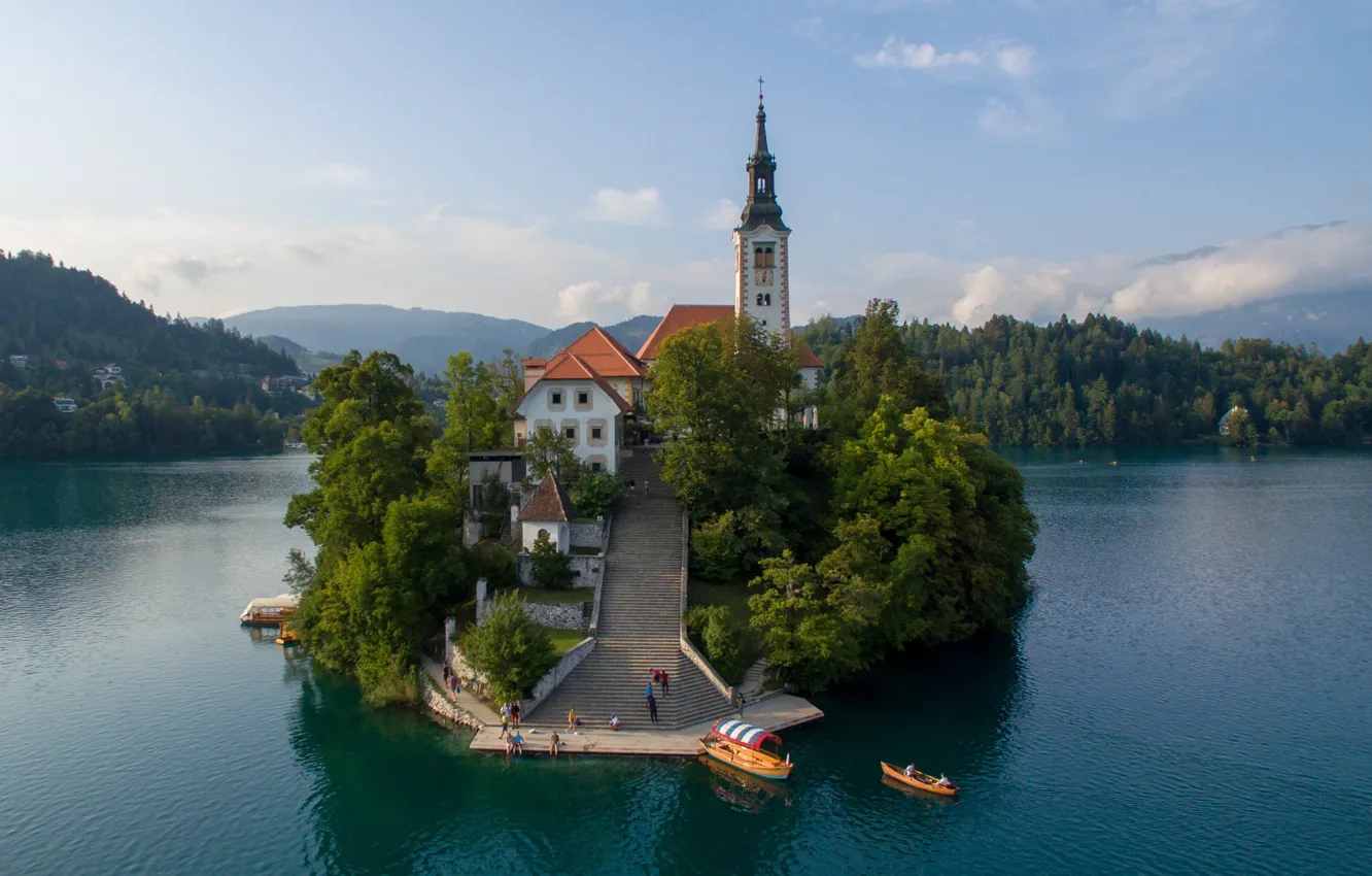 Photo wallpaper landscape, nature, lake, boat, home, ladder, Church, island