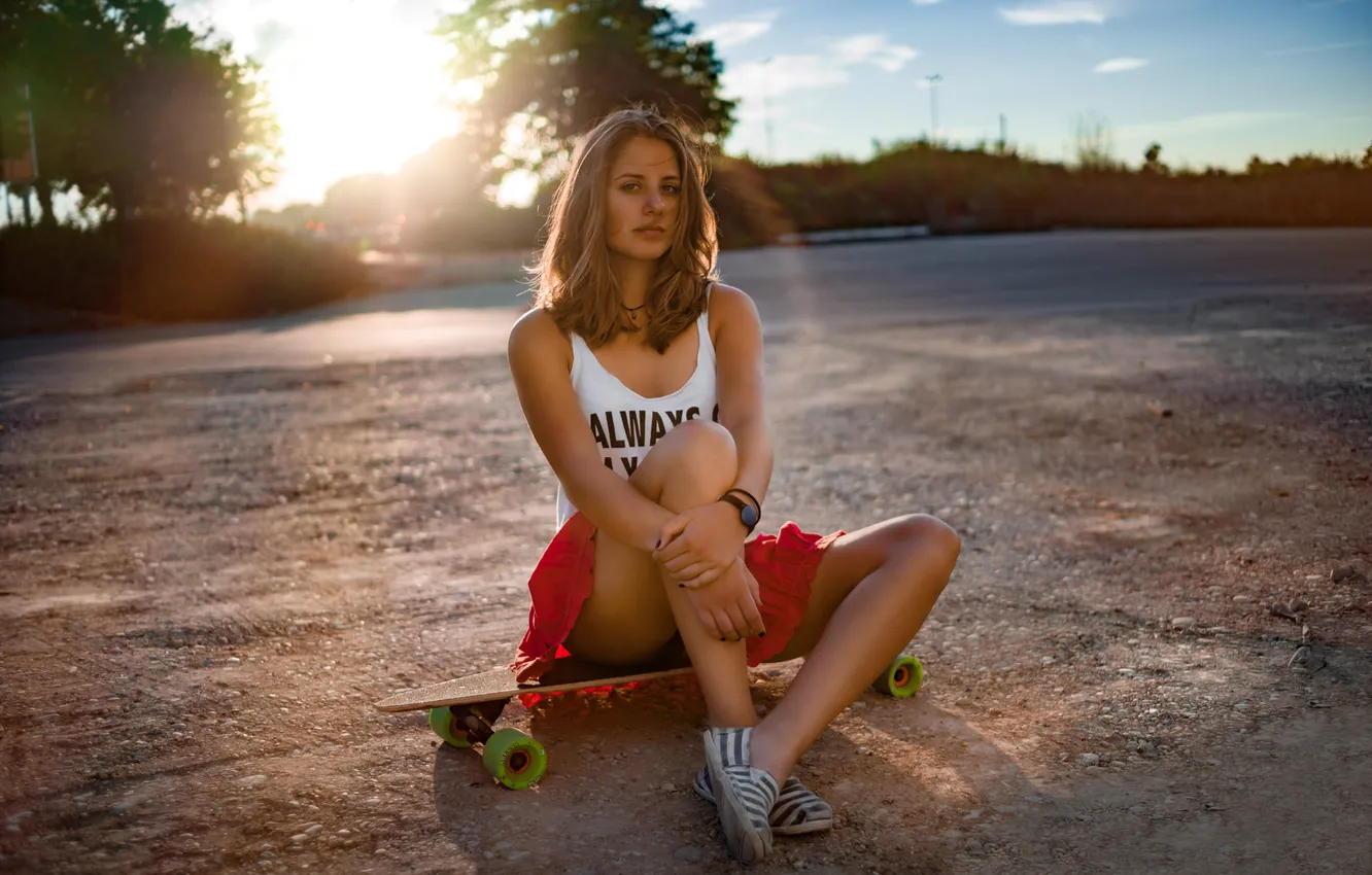 Photo wallpaper stay, sport, wasteland, legs, the rays of the sun, beautiful girl, skateboard, red skirt