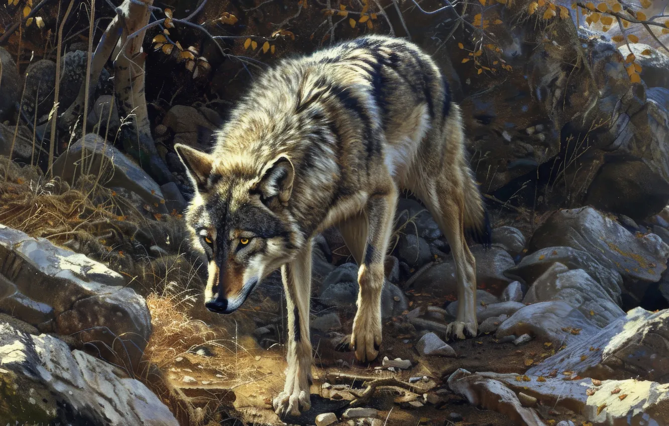 Photo wallpaper look, stones, wolf, predator, digital art, AI art, The Art of Artificial Intelligence, neural network