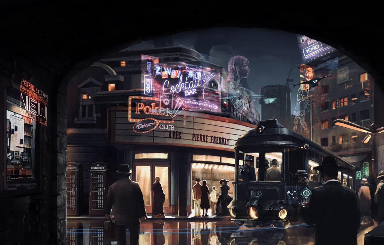 Photo wallpaper night, city, the city, street, people, club, neon, sign