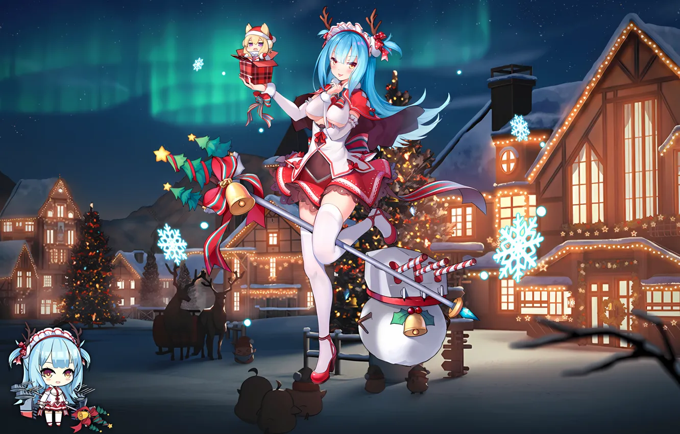 Photo wallpaper girl, sexy, Christmas, cleavage, thighhighs, long hair, legs, boobs