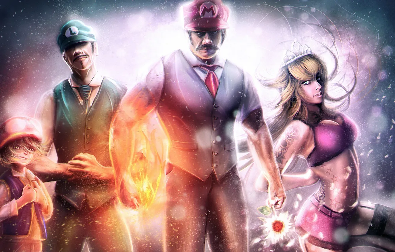 Photo wallpaper girl, flowers, children, lights, boy, crown, art, male