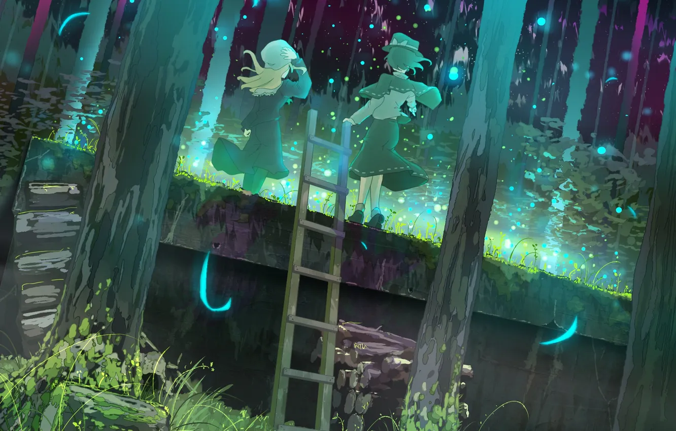 Photo wallpaper forest, grass, trees, nature, anime, art, ladder, touhou