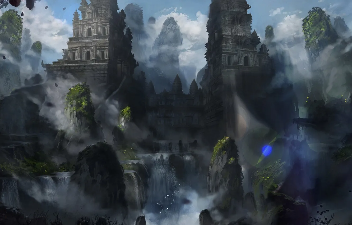 Photo wallpaper water, clouds, mountains, castle, rocks, bird, tower, waterfall